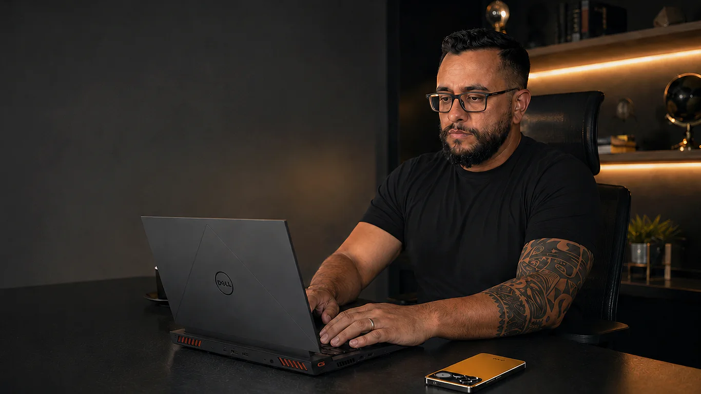 Bruno Goebel em seu ambiente de trabalho, com notebook, óculos, tatuagem e iluminação âmbar