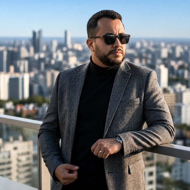 Bruno Goebel em um terraço, com a cidade ao fundo