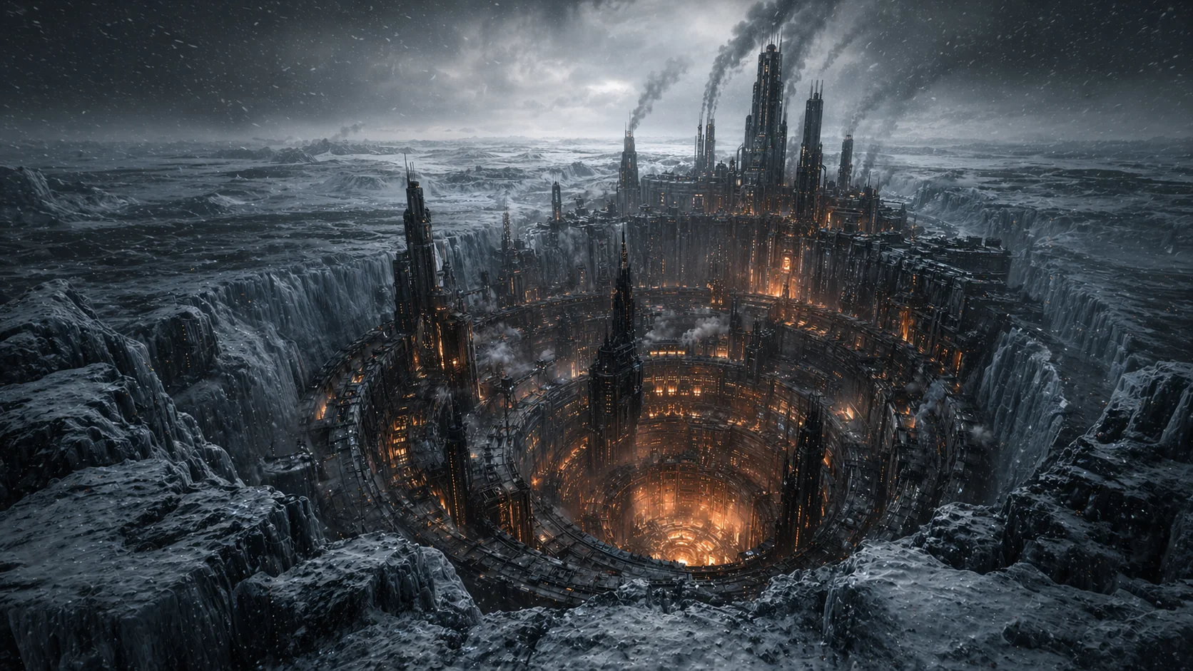 Cidade glacial monumental de The Frozen Legacy, construída ao redor de um abismo iluminado