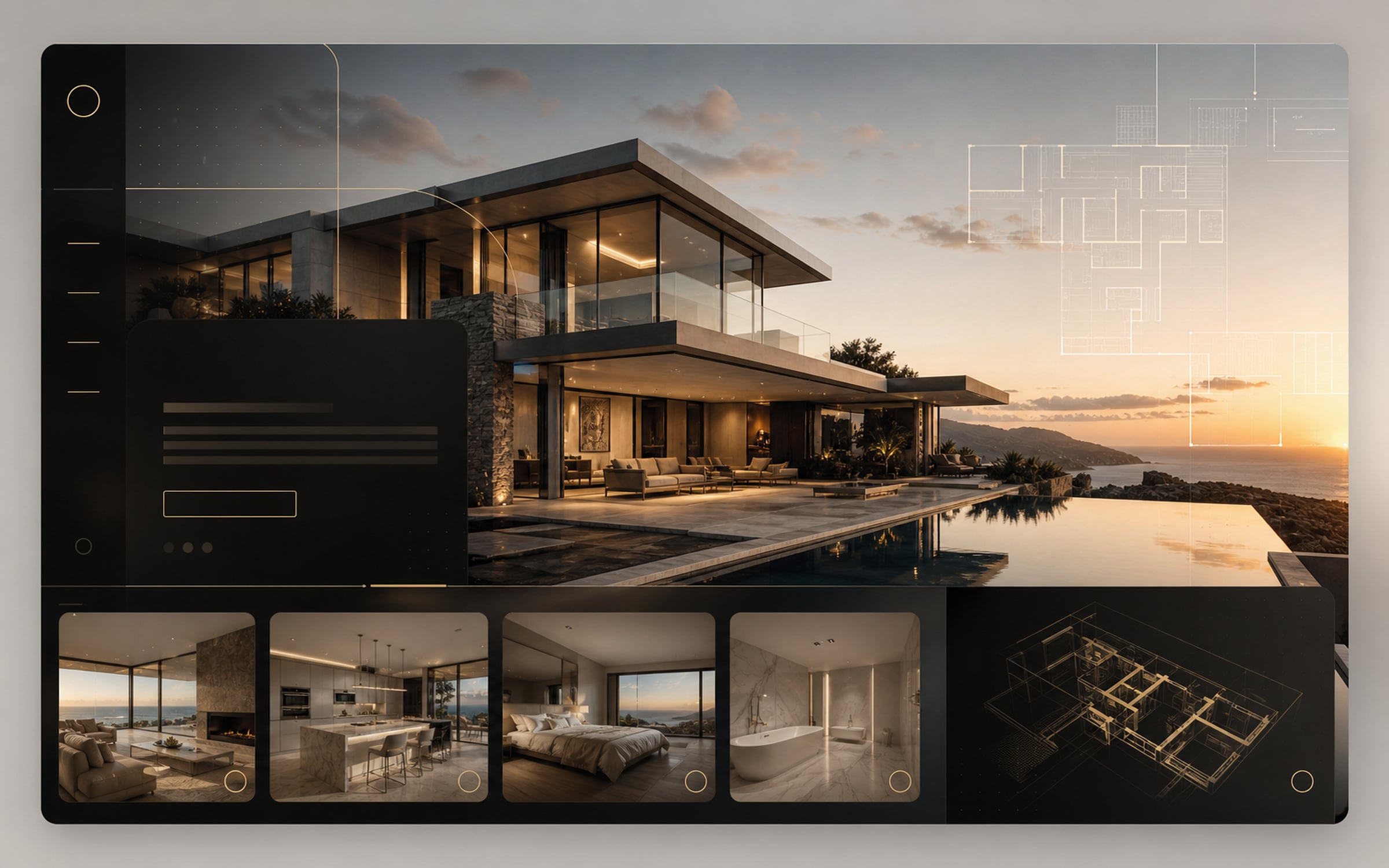 Prévia visual do modelo Luxury Estate: arquitetura contemporânea e vitrine imobiliária de luxo